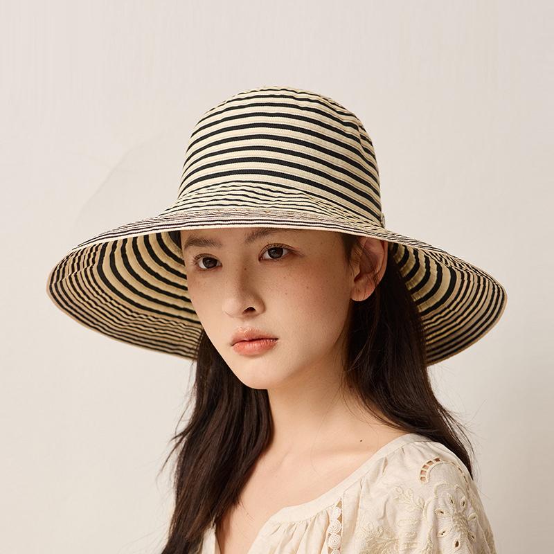 Летняя полосатая панама-рыбака с широкими полями, складная, универсальная, солнцезащитная, ветрозащитная, дышащая, винтажная панама-рыбака чёрный/бежевый