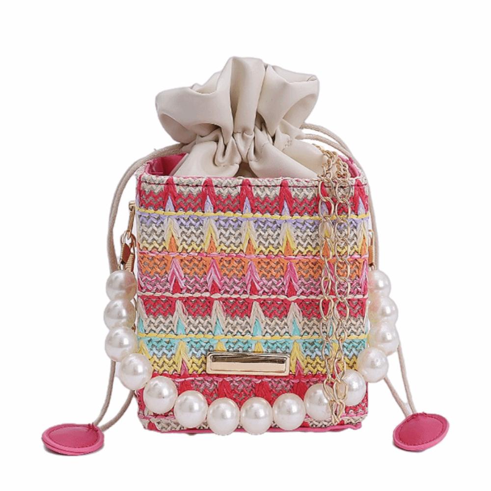 Bohemian Straw Shoulder Bag Elegant Women's Crossbody Bag Evening Purse Pearls Straw Handbag  Beach