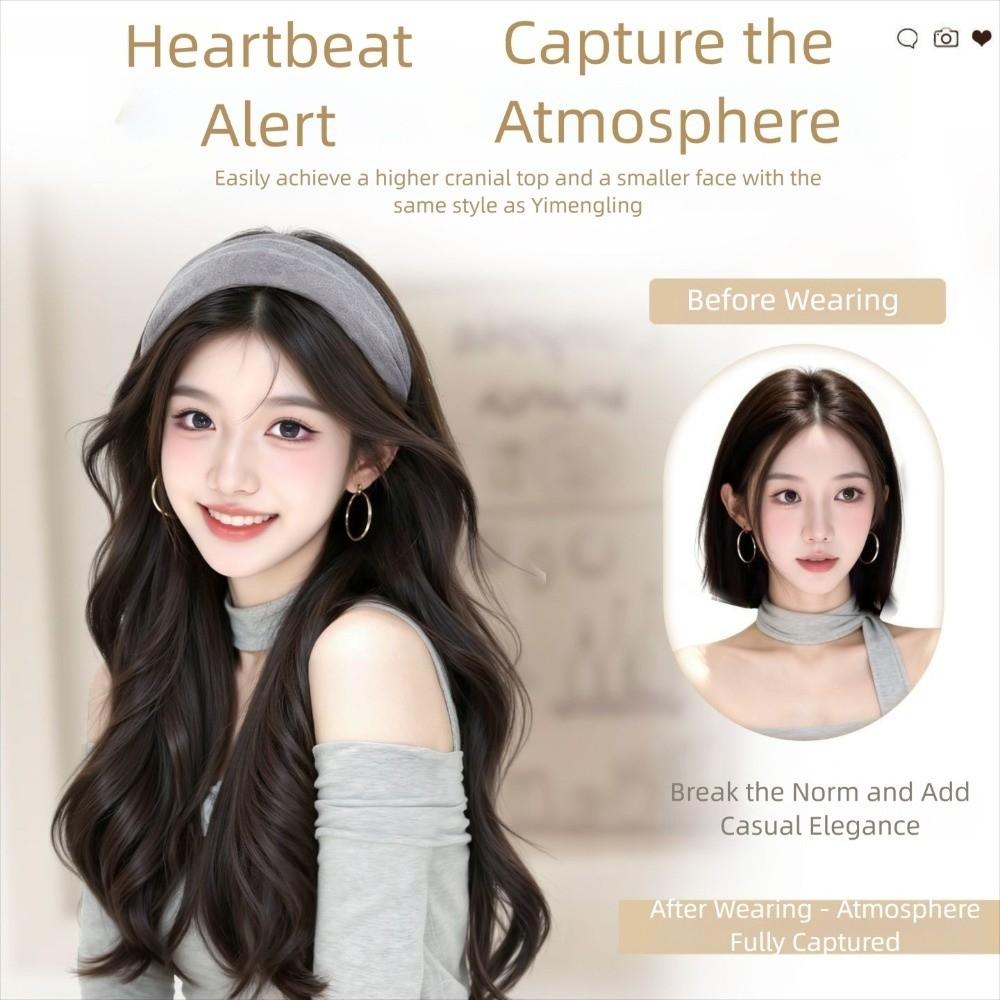 Hair Hoop Gray Wide Knit Headband Wig Korean Style Long Wavy Curly  Hair Half Headband Wig  Women