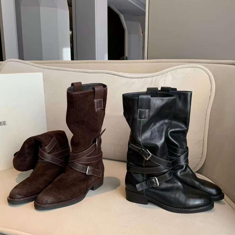 

Grape mother autumn and winter new models increase height by 4cm~ round pointed thin belt buckle medium tube knight boots women 40