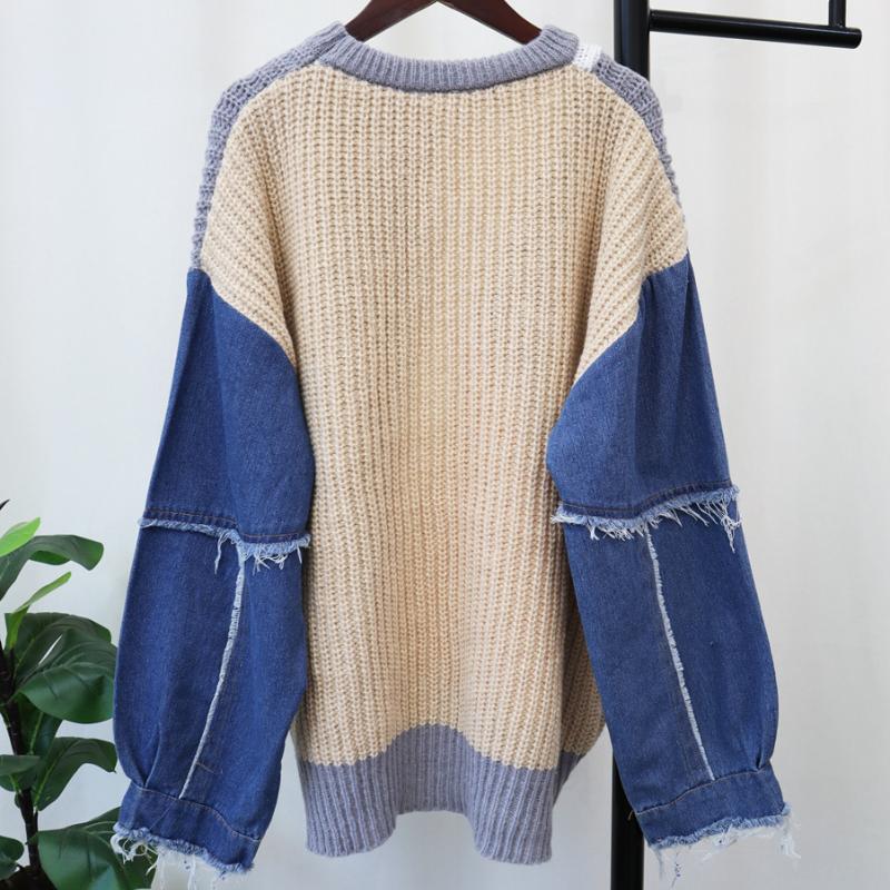 Women Sweaters  Autumn and Winter O-Neck Patchwork Pullover T-Shirt Oversize  Denim Knitting Basic Blue Fashion Loose Sweater