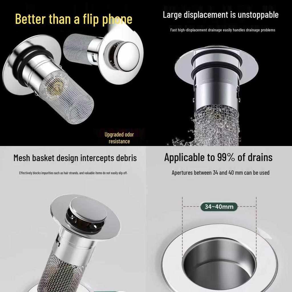 Stainless Steel Press-Type Anti-Odor Leak-Proof Washbasin Drainer with Filter Screen