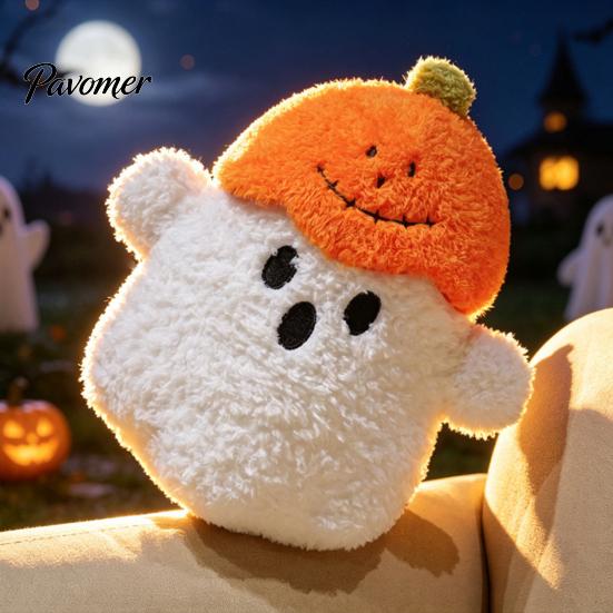 Portable Small Plush Companion Halloween Pumpkin Ghost Pillow, Cute Soft Stuffed Animal Sofa Cushion Orange And White for Living Room, Spooky Huggable
