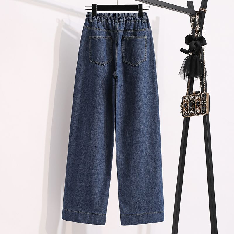 Fall New Arrival Plus Size Female Loose High Waist Dark Color Water Scrubbing Straight Elastic Waist Plus Size Ladies Wide Leg Pants Denim
