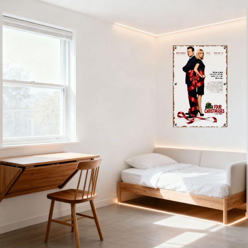 Four Christmases Movie Poster Vintage Distressed Metal Tin Sign - Red Ribbon Satin Bow Artwork for Home Decor Wall Plaque, Bar M