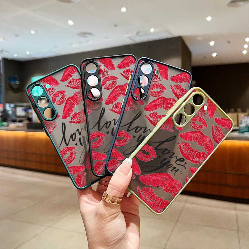 Rote Lippen Muster Slim Stoßfest Matte Hülle Für Samsung S25 Ultra S24 FE S23 S22 A16 A56 A55 A36 A26 A15 A35 Linsenschutz Transparente Handyhülle