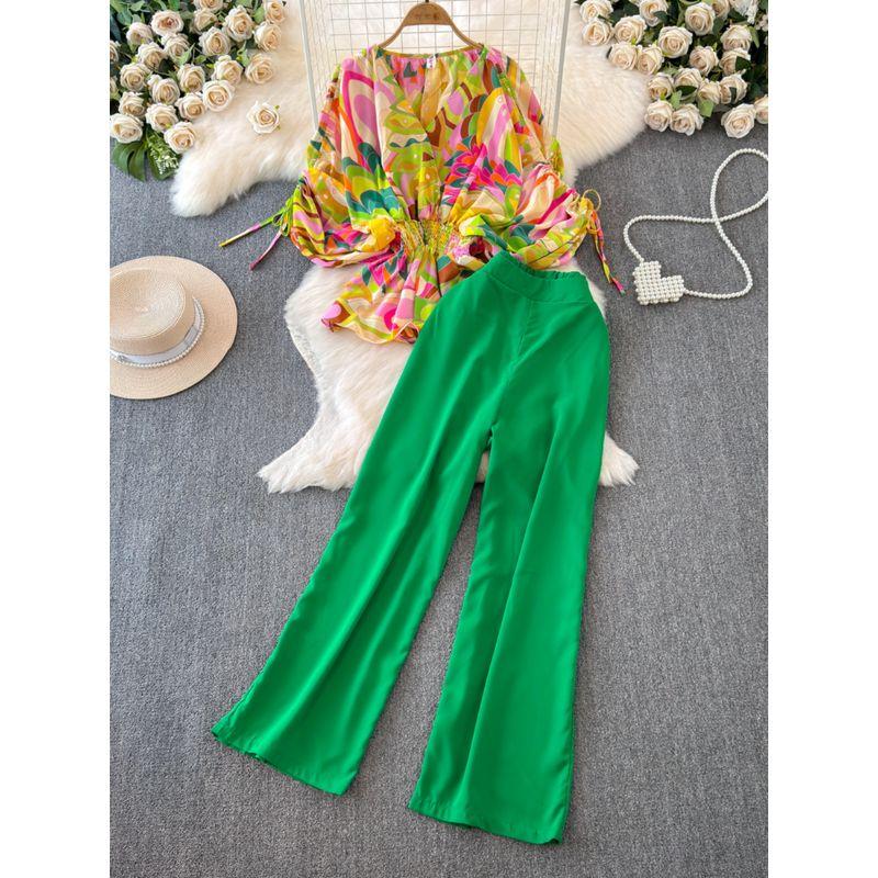 Fashion Short Sleeve V Neck Waist-Tight Straight-leg Fashion Suit