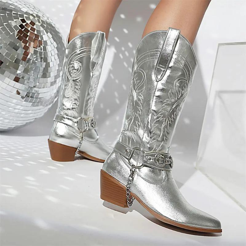 Fashion Plus Size 48 Women's Western Cowboy Boots High Heels Retro Western Boots Embroidery Shoes