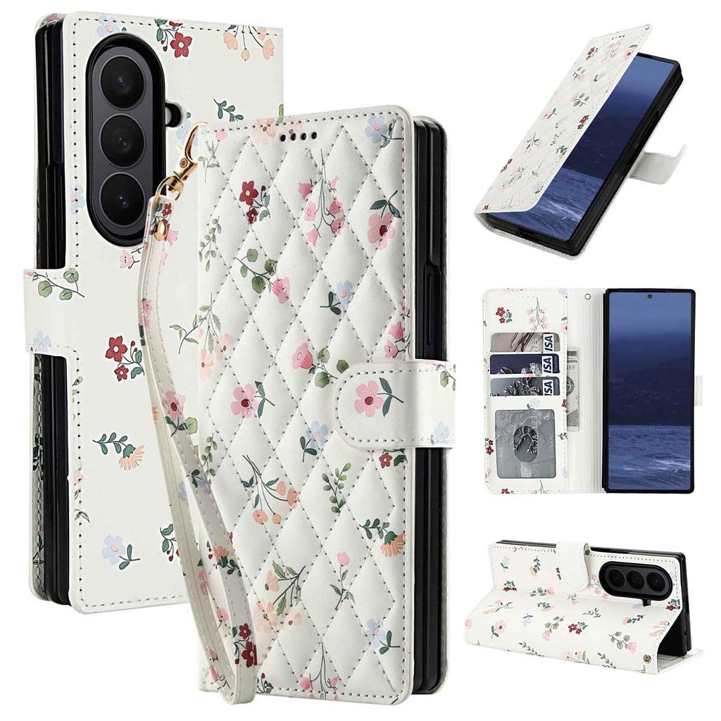Applicable to Samsung Z Fold7Lanyard phone case with floral and checkered pattern leather cover Fold6/5/4Flip cover case