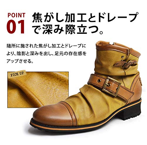 [Gino] Drape Engineer Boots Short Work Riders Biker Boots Vintage Shoes Men's Boots Ze2468 BK 25cm