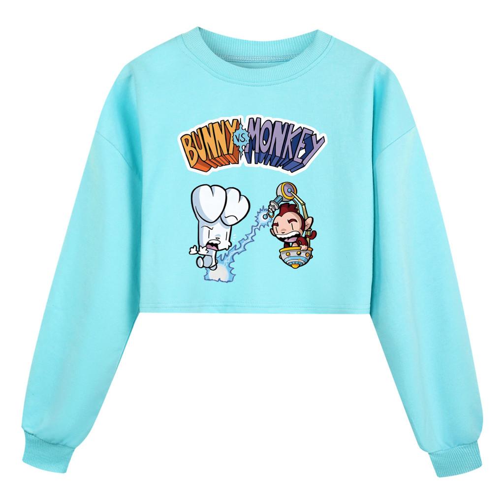 4187 Kinder Mädchen Kaninchen Affe Aufdruck Lässiger Langarm Kurzer Stil Sweatshirt