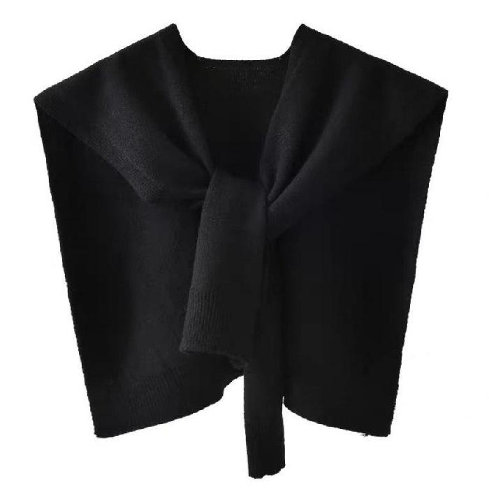 

Вязаная шаль из пряжи с сердечником, женский весенне-осенний верхний жилет, однотонный жилет, тонкий кардиган, летний завязывающийся шарф с ложным воротником One size чёрный