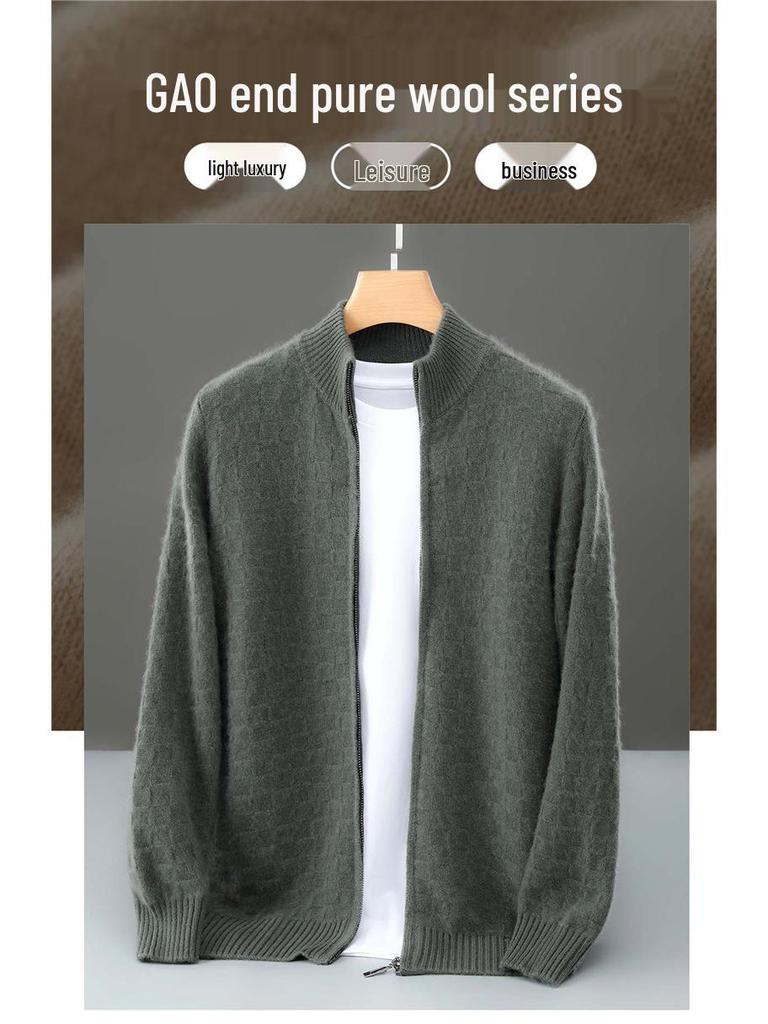 Men's Trendy Plaid Jacquard Wool Cardigan: Loose, Versatile, Long-Sleeved, Knitted, Cashmere Blend, Seven-Needle Thick.