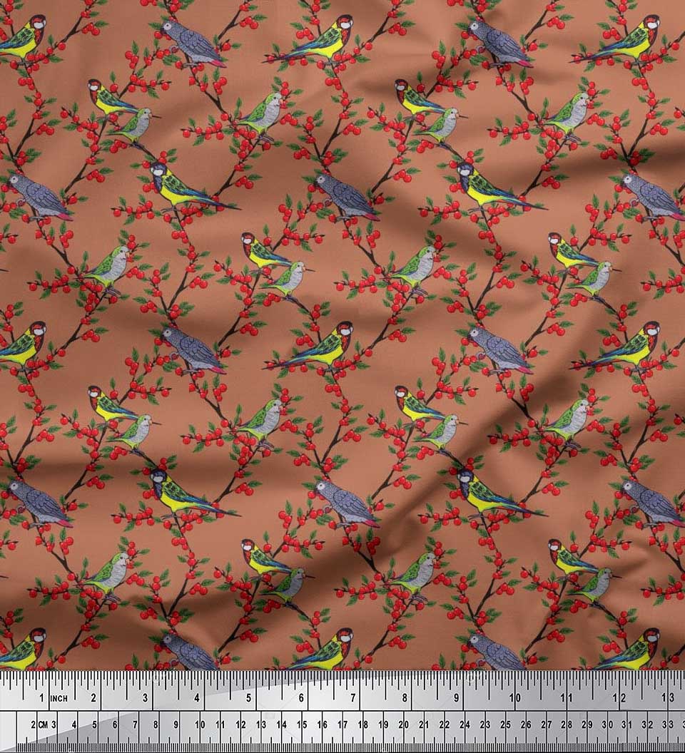 

Японська креп-атласна тканина Soimoi, листя, червоні ягоди та принти на тканині з папугами, 42 дюйми 42 Inch Wide - Poly Crepe коричневий
