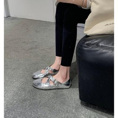 Versie van schapenvacht~ Leren zachtzool zilveren Mary Jane enkellaarzen dames kruisgesp ronde neus ballerina's kleine leren schoenen
