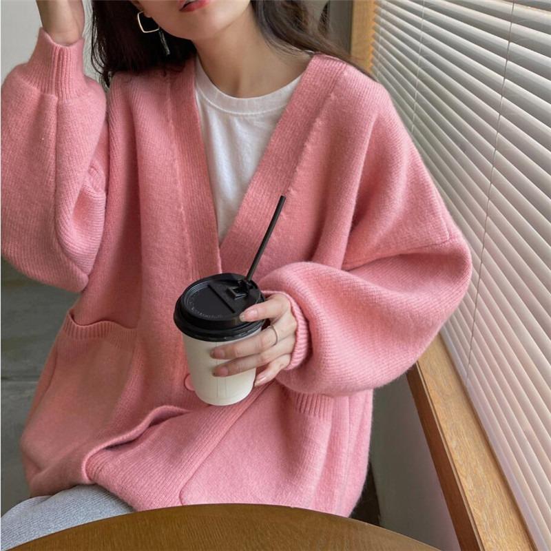 Lazy wind jacket women's autumn new v-neck solid color knitted cardigan women's loose large size sweater women's outer wear