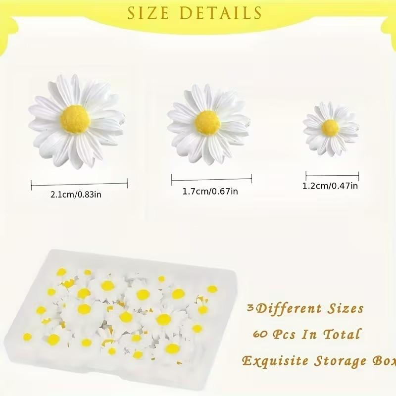 60pcs Realistic White Daisy Flowers with Yellow Centers - Flat-Bottom Floral Decorations, for DIY Crafts, Phone Cases, Nail Art