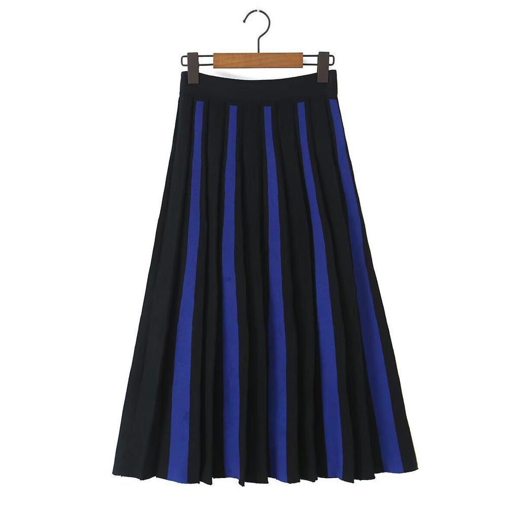 2025 Women's Knit Color Block Striped Pleated Half Skirt