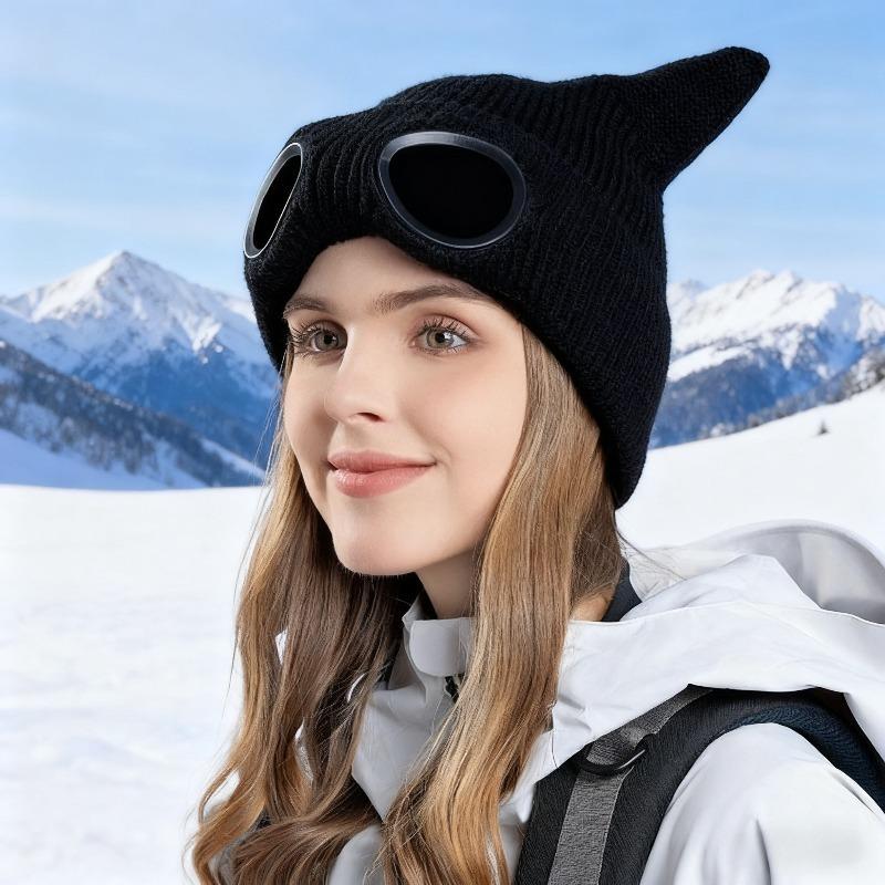 Little Devil Glasses Hat Knitted Mao Line Hat with Cat Ears Men Women Thickened for Warmth Ski Solid Color Ear Protection Windproof Pullover Hat