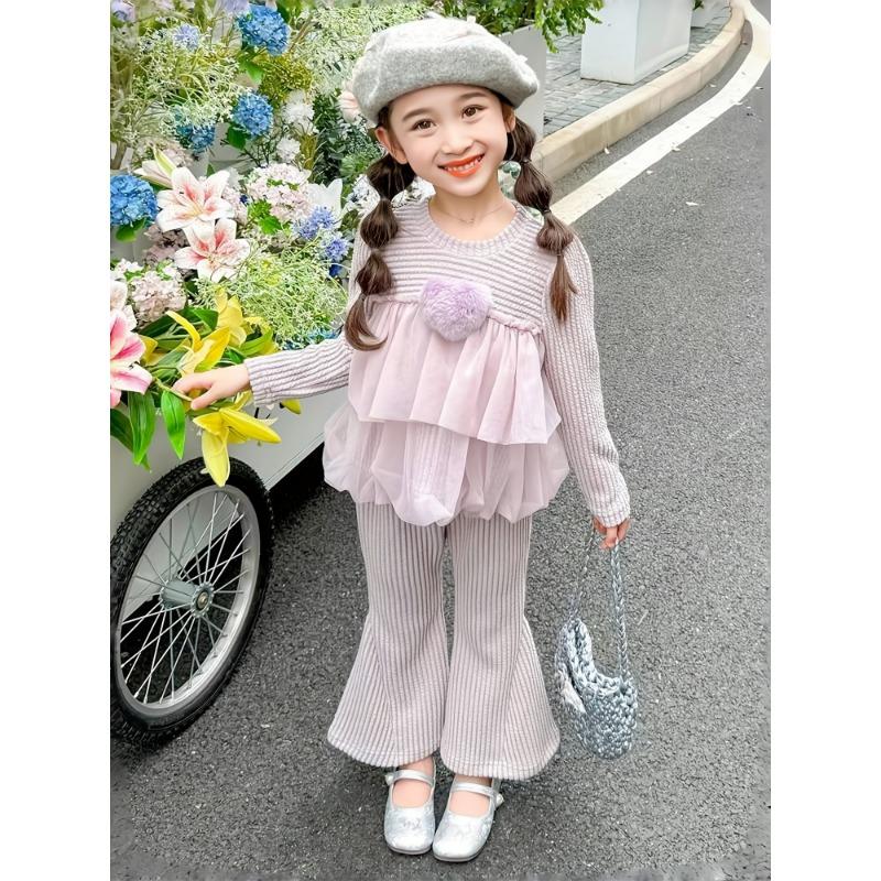 Girls Fashion Two-Piece Set - Spring-Autumn New Style | Tulle Top with Trendy Heart Decorations & Solid Color Sweet Pants for Girls
