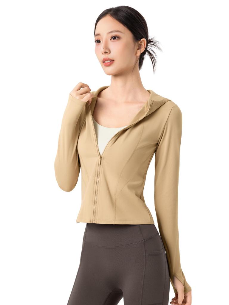 Women's Fleece-Lined Slim-Fit Sports Jacket - Warm Hooded Fitness Top for Outdoor Running & Yoga
