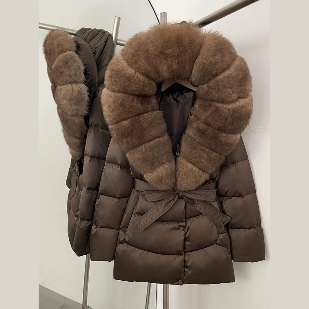 Winter Fox Big Fur Collar High-end Thickened Down Jacket Women's Mid-length Waist Imitation Leather Jacket