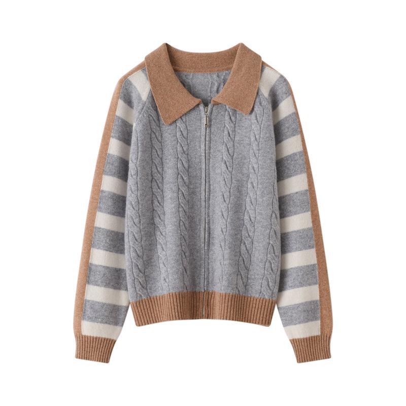 Mengyi Autumn Korean Style Color Block Cable Knit Cardigan for Women