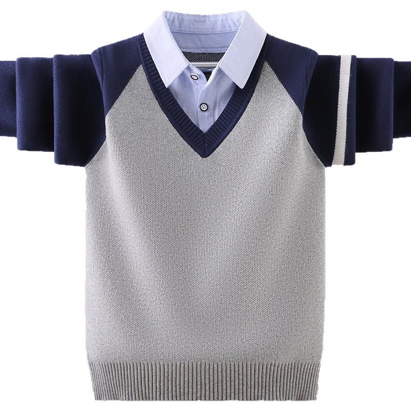 Jungen Strickpullover mit Fleecefutter: Dickes Fake-Zweiteiler-Design für Frühling/Herbst/Winter