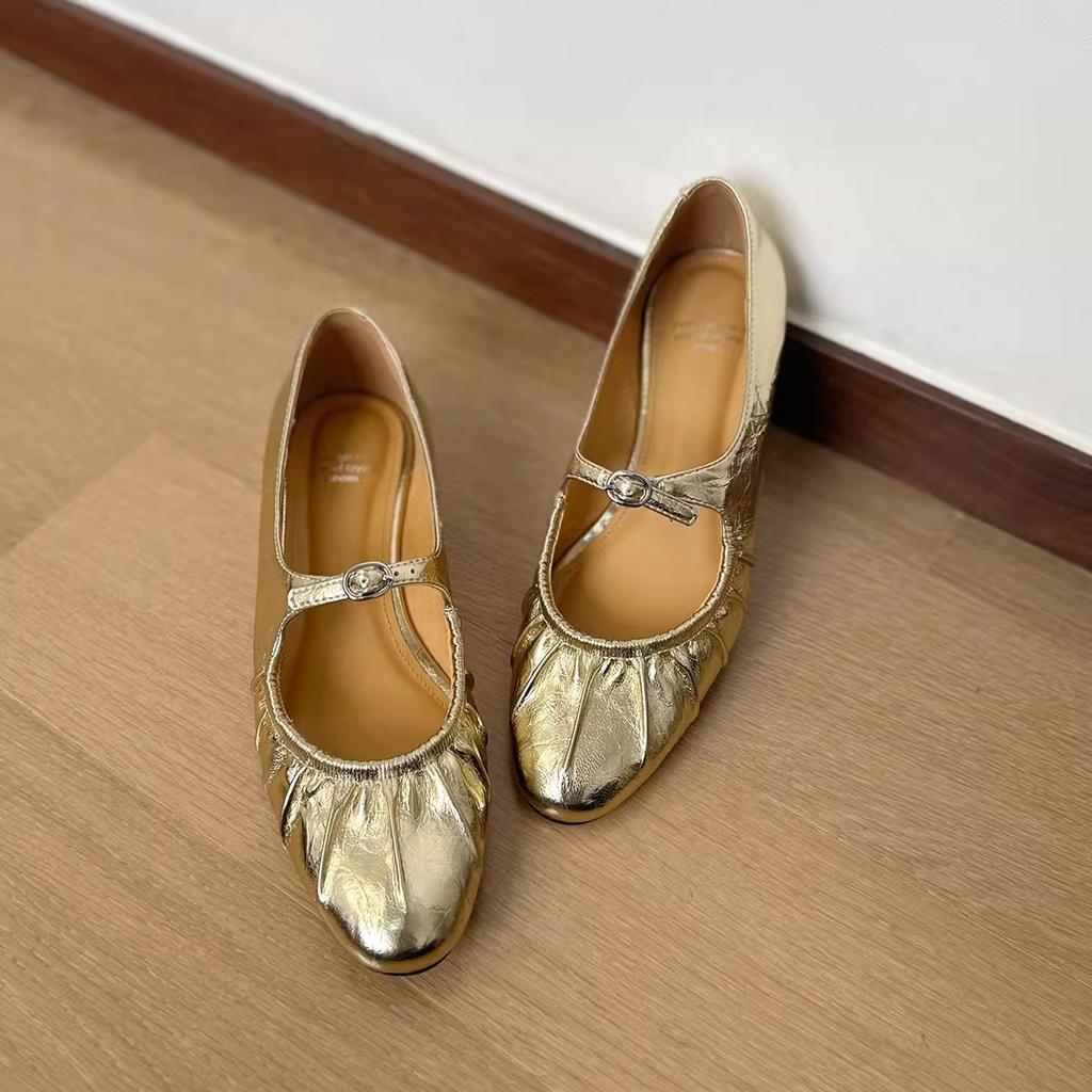 Fairy Wind Pleated Round Head Shallow Mouth Single Shoes Female 2025 Summer New Flat Mary Jane Shoes Gold Ballet Shoes Silver
