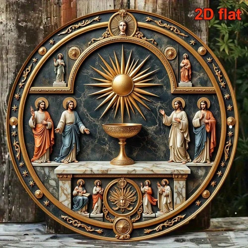 Vintage Sint Jozef Engel Rond Metalen Bord 20x20 cm Katholieke Muurkunst Altaar Decoratie
