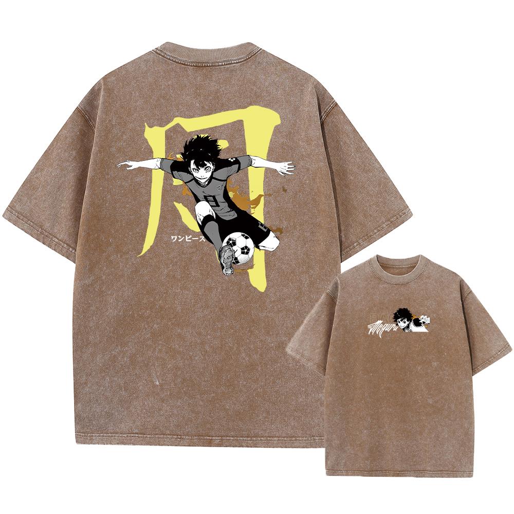 Hot Anime Blue Lock Nagi Seishiro Print Washed T Shirt Men Vintage Tshirts Short Sleeve Streetwear Harajuku Male Cotton T-shirt