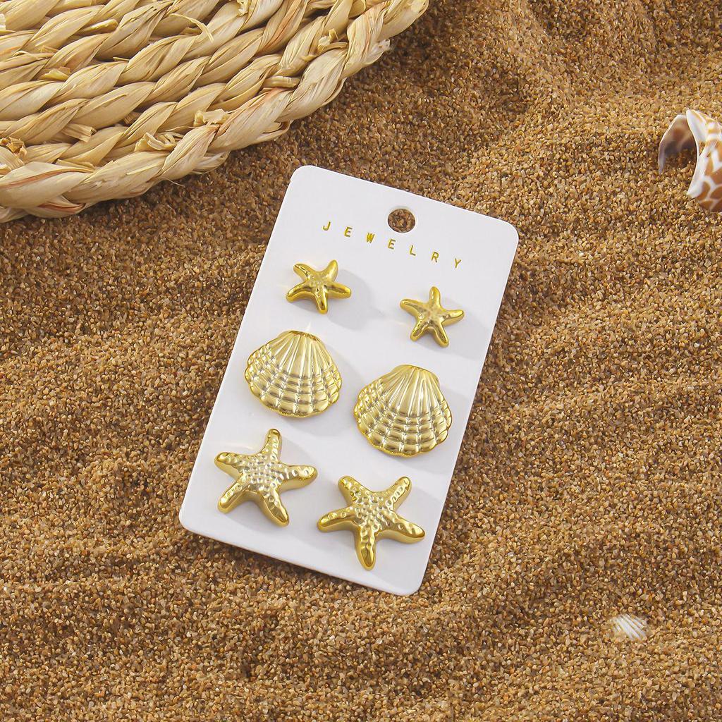 3 Paia di Orecchini a Bottone Geometrici Stella Marina & Conchiglia da Donna - Set Moda Estiva