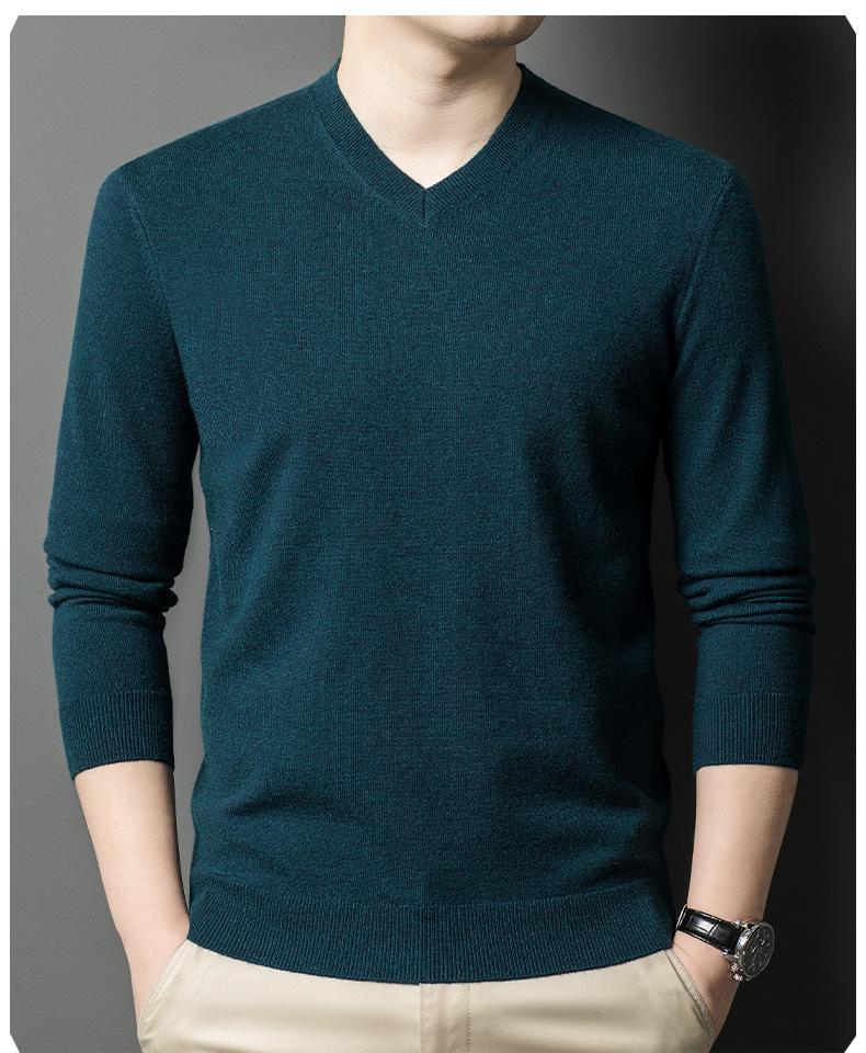 Men's Casual V-Neck Solid Color Knit Sweater - Autumn/Winter Long Sleeve Base Layer