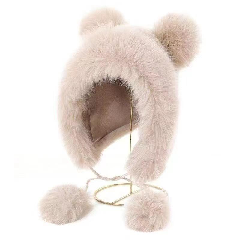 Women's Plush Bear Ear Hat: Cute, Thickened, Fox Fur, Wind & Snowproof Ear Protection