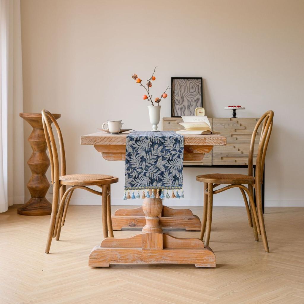 Jacquard Water Grass Blue Fringe Tassels Table Runner, Fabric Plants Kitchen Dining Table Decoration for Home Party Festival