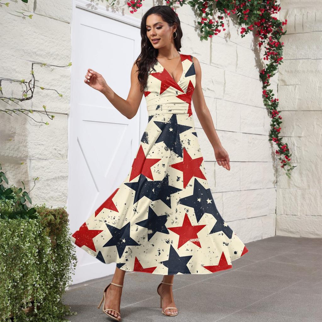 Women's Casual And Fashionable Independence Day Printed V-Neck Sleeveless Dress Dress