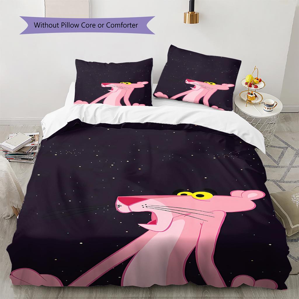 Juego de ropa de cama con estampado de la Pantera Rosa, funda nórdica y funda de almohada. Regalo ideal para el hogar o cumpleaños. (1 * funda nórdica + 2 * fundas de almohada, sin núcleo)
