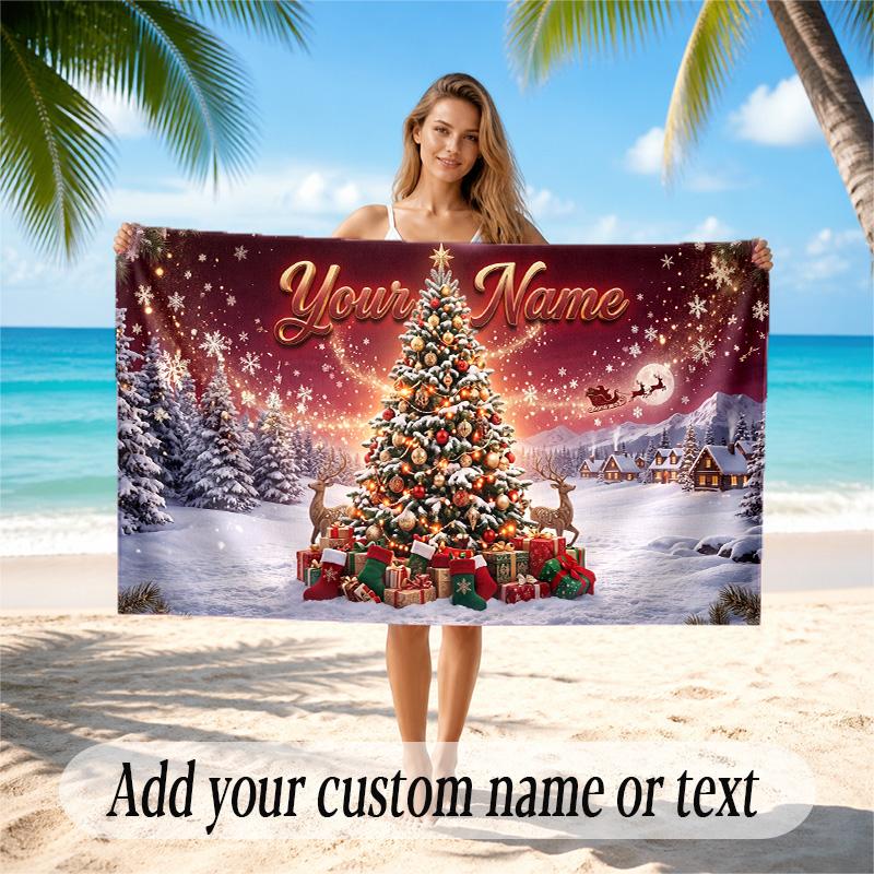 Christmas Theme Quick Dry Beach Towel Custom Name Text Print Large Sand Resistant Towel Beach Vacation