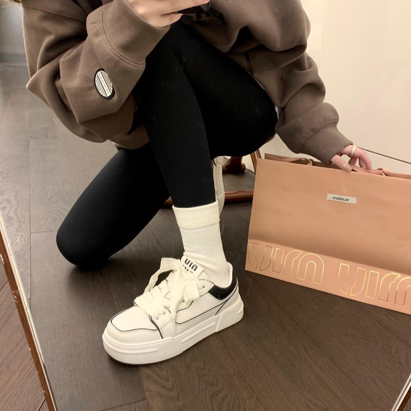 ~ College style casual square head thick sole lace-up versatile biscuits little white shoes women's autumn and winter models