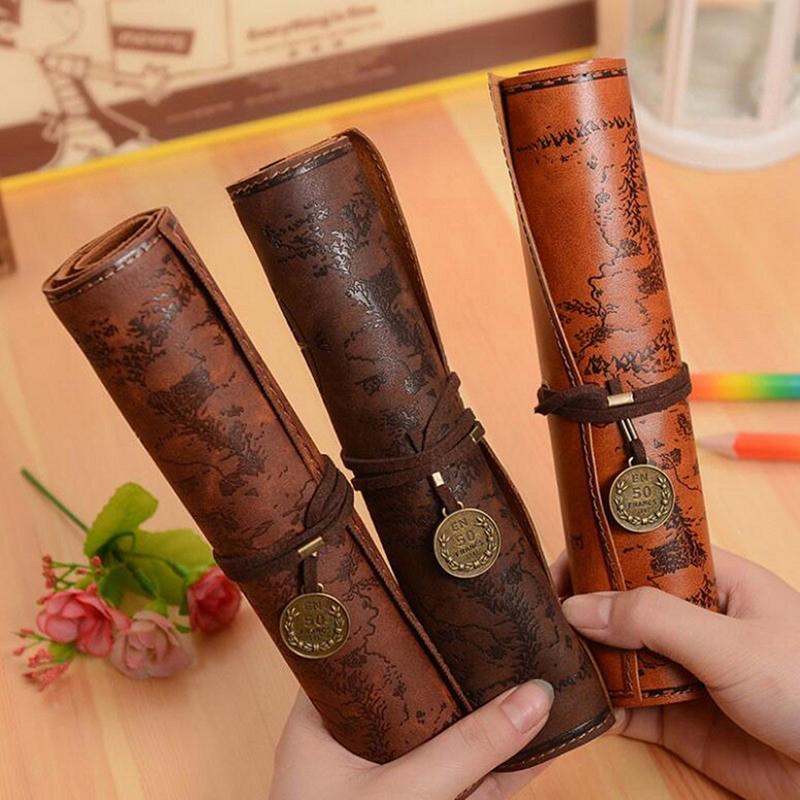 Vintage Retro Treasure Map Canvas Leather Pencil Cases Large Cpacity Makeup Brush Pouch Stationery Storage Bags Supplies
