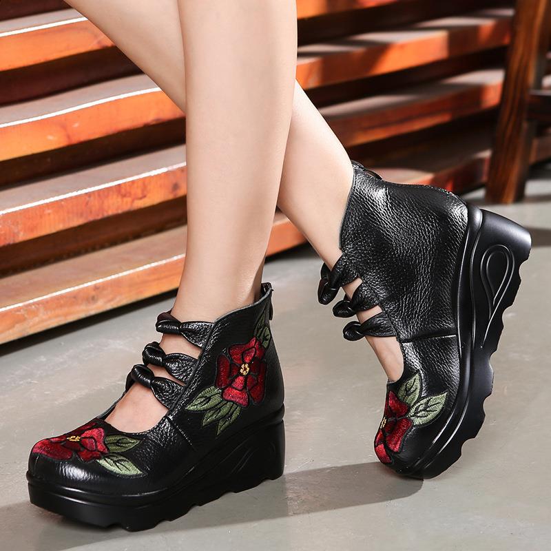 Fashion Women's Wedge Shoes Casual Female Sneakers Low Rubber Zip Embroider High Round Toe Floral Genuine Leather Butterfly-knot Leisure