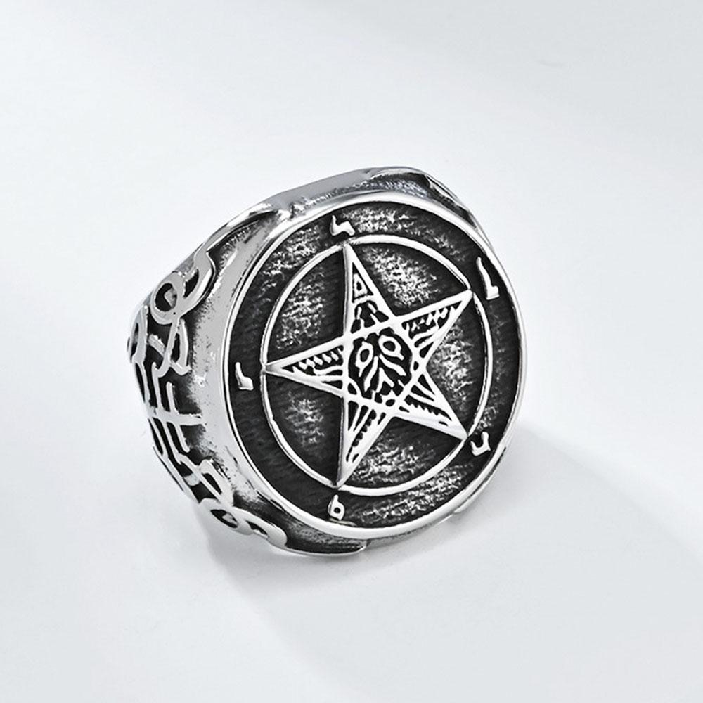 Anello Vintage Angelo Caduto Lucifero in Acciaio di Titanio Pentagramma di Satana Gioiello per Mano Chiave Inglese in Acciaio di Titanio