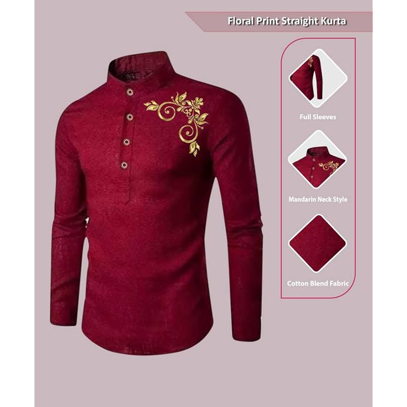 Deemoon Men' Full Sleeve Short Kurta Shirt With A Trendy Mandarin Collar Crafted From A Premium Cotton Blend For Comfor