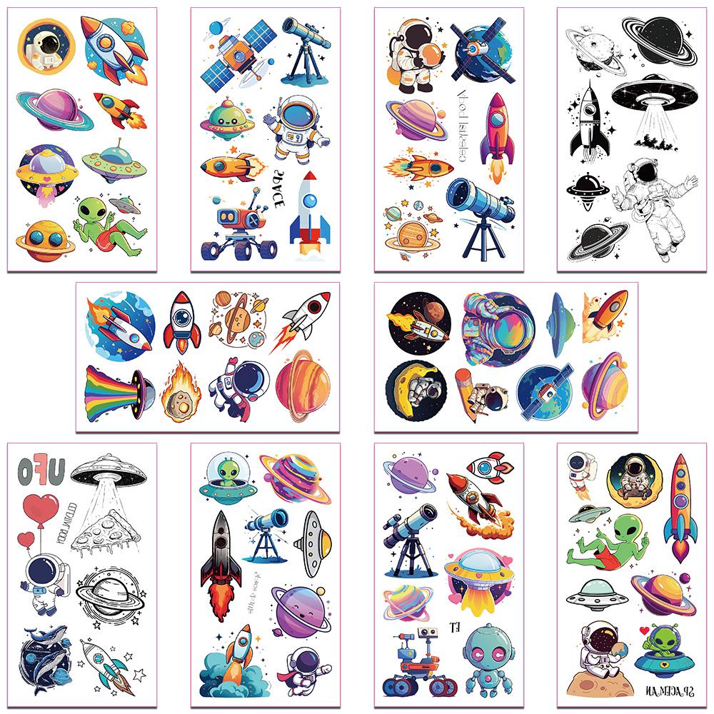 

10 листов мультяшных тату-наклеек с космическим узором для рук, лица, тела, временные водонепроницаемые тату-наклейки, детские креативные подарки