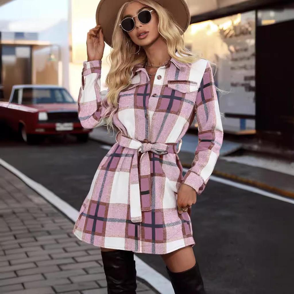 Elegante Vestito a Quadri Strisciati a Maniche Lunghe da Donna - Moda Primavera/Autunno