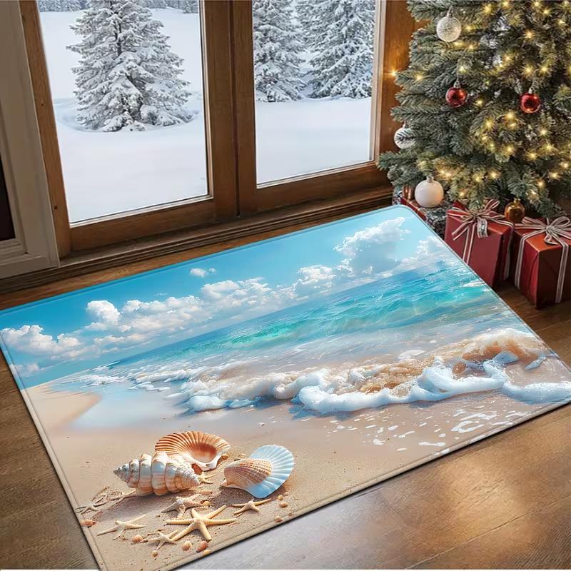 Vacation Style Beach Doormat Beach Shells Starfish Ocean Wave Pattern Carpet Soft Non-Slip Floor Mat Bedroom Entrance Rug