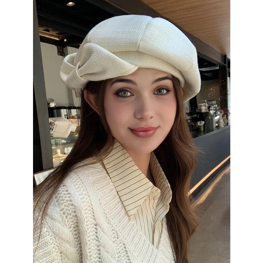 Autumn women's new octagonal hat winter bow elegant temperament show face small beret suitable for daily travel and use