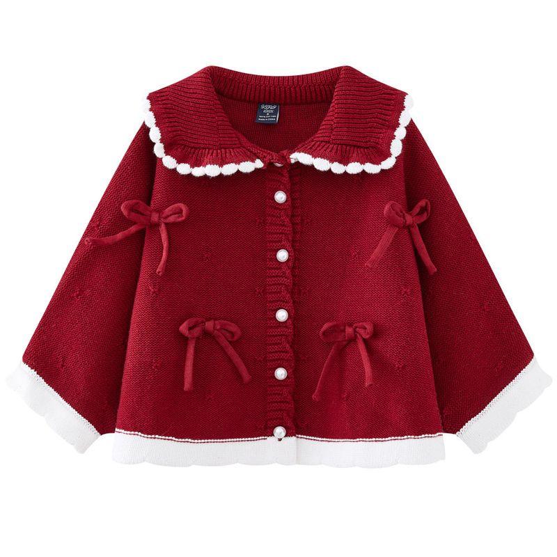 Girls' Knitted Cardigan Spring and Autumn Stylish Lapel Children's Sweater Coat Baby Cape Red New Year Top