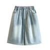 DIMANAF 2026 Summer New Plus Size Women Wide Leg Pants Jeans Shorts Casual Elastic Waist Jeans Pants Denim Cotton Blue