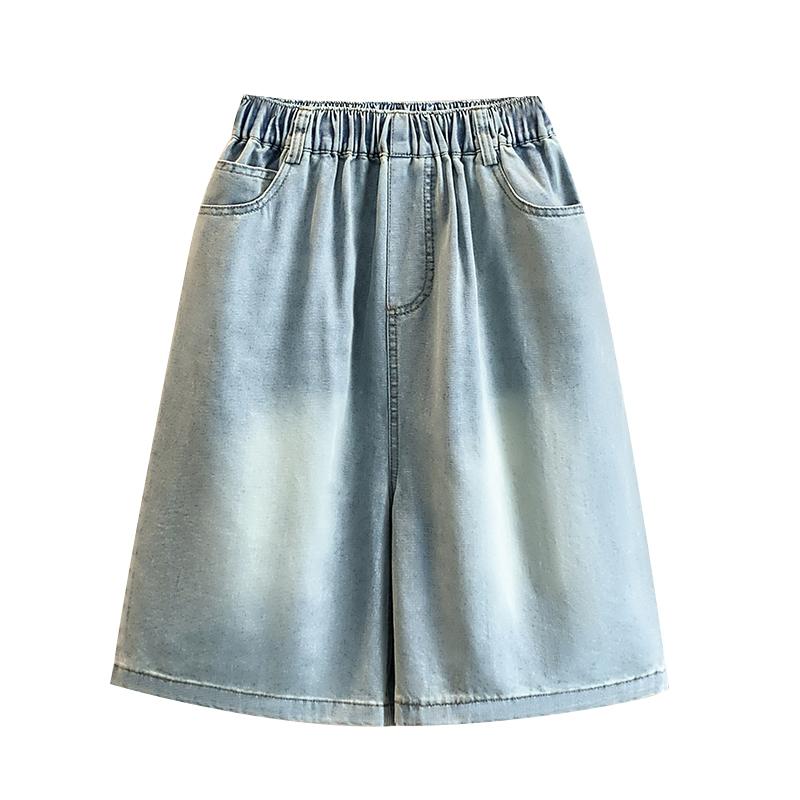 DIMANAF 2026 Summer New Plus Size Women Wide Leg Pants Jeans Shorts Casual Elastic Waist Jeans Pants Denim Cotton Blue